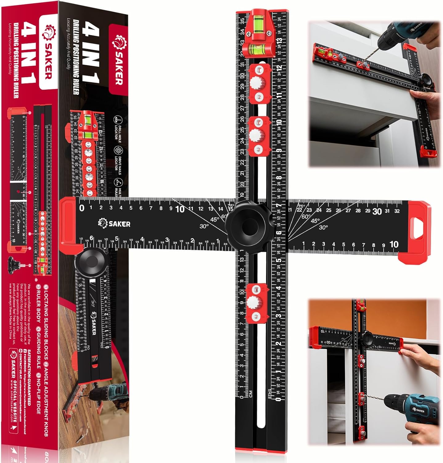 Saker 4-in-1 Drilling Positioning Ruler, Adjustable 13.78in Multifunctional T Square Ruler, Cabinet Hardware Jig, Marking Gauge Tools for Woodworking, Cabinet Drawer Door Hole Drilling Template
