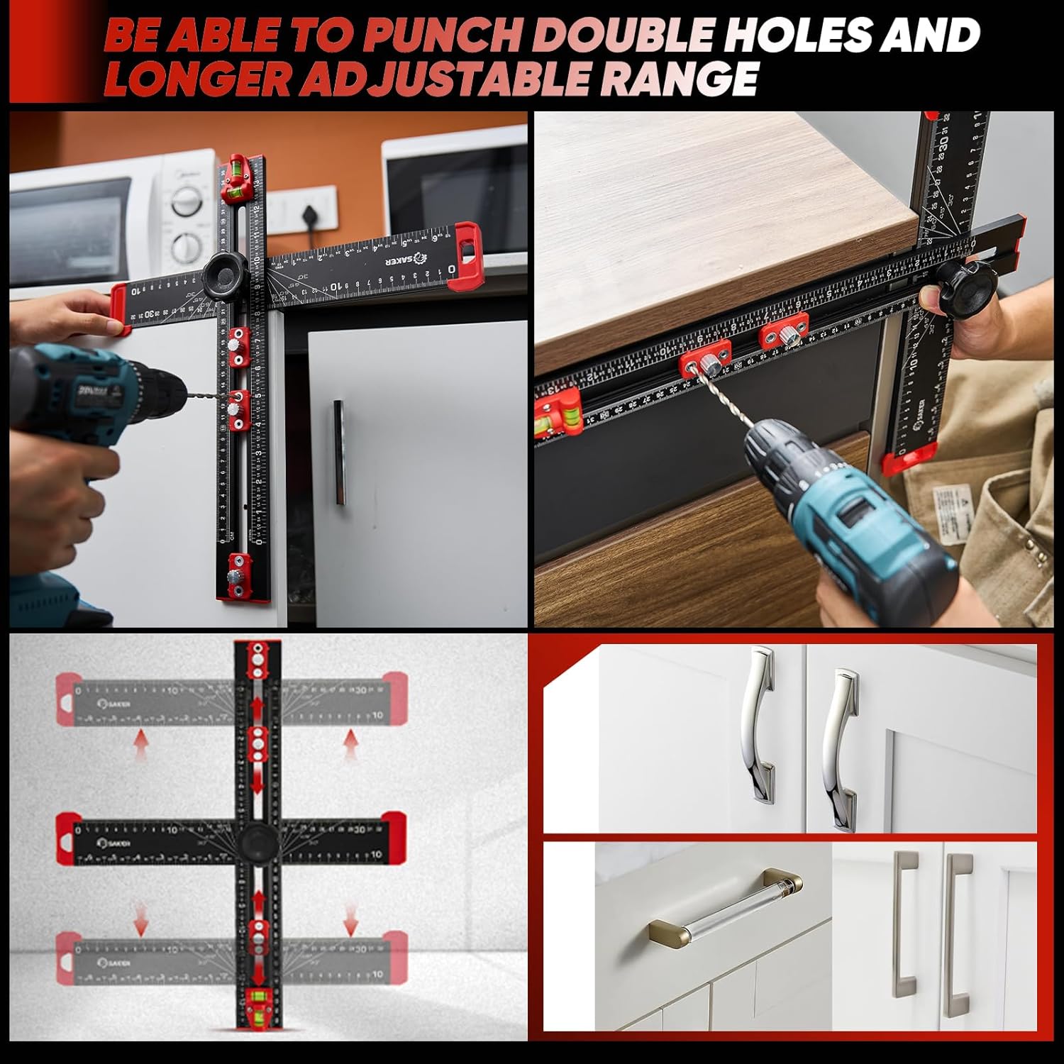 Saker 4-in-1 Drilling Positioning Ruler, Adjustable 13.78in Multifunctional T Square Ruler, Cabinet Hardware Jig, Marking Gauge Tools for Woodworking, Cabinet Drawer Door Hole Drilling Template - Image 3