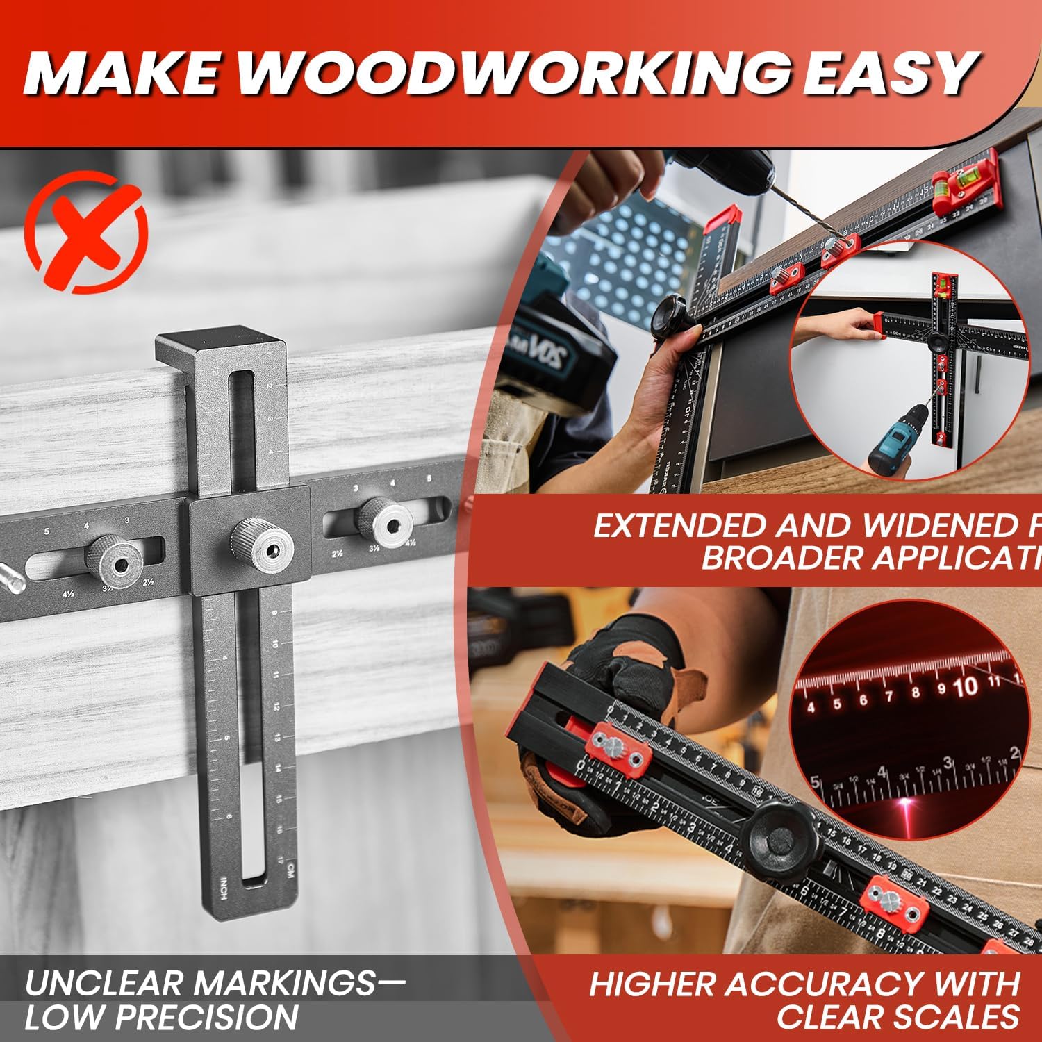 Saker 4-in-1 Drilling Positioning Ruler, Adjustable 13.78in Multifunctional T Square Ruler, Cabinet Hardware Jig, Marking Gauge Tools for Woodworking, Cabinet Drawer Door Hole Drilling Template - Image 4