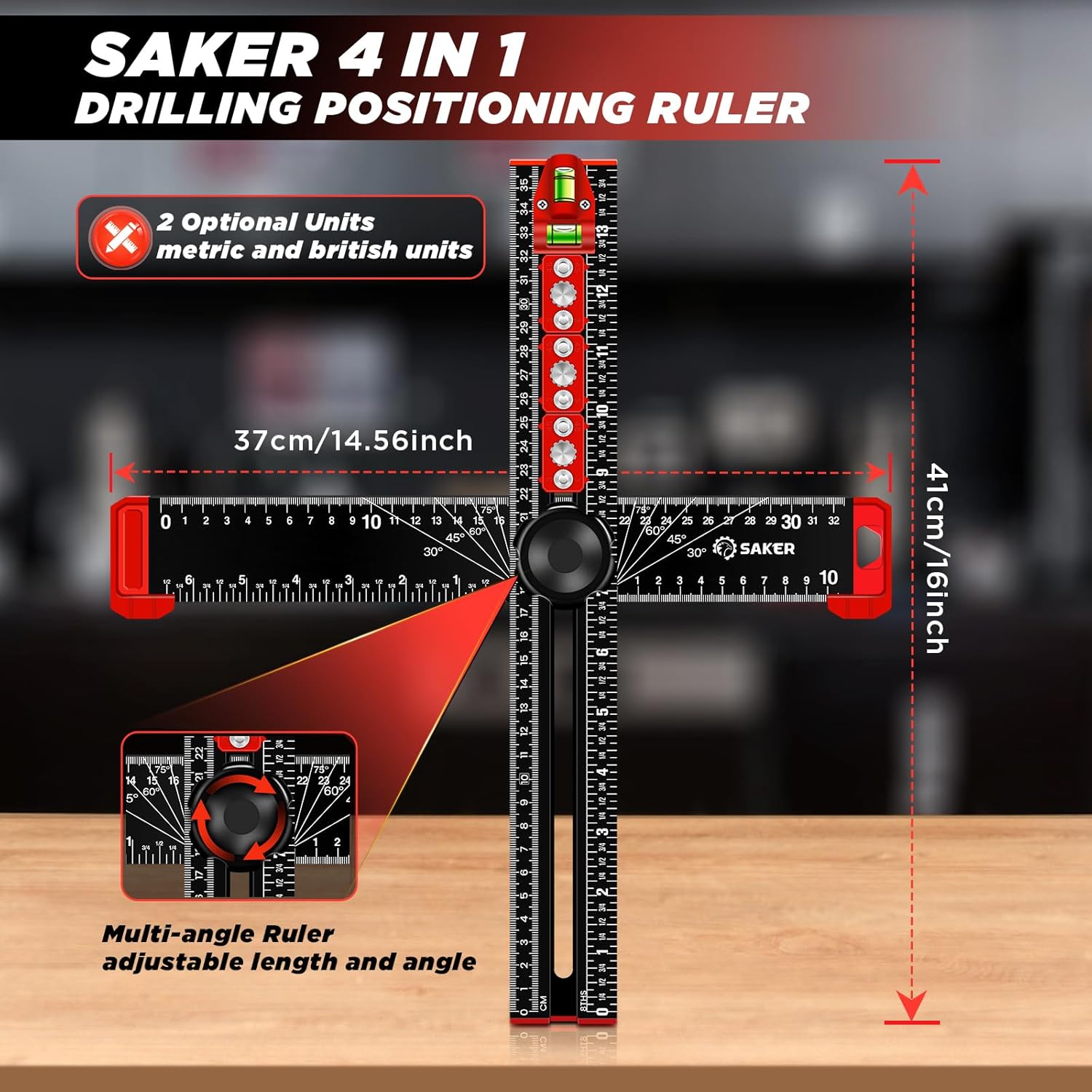 Saker 4-in-1 Drilling Positioning Ruler, Adjustable 13.78in Multifunctional T Square Ruler, Cabinet Hardware Jig, Marking Gauge Tools for Woodworking, Cabinet Drawer Door Hole Drilling Template - Image 5