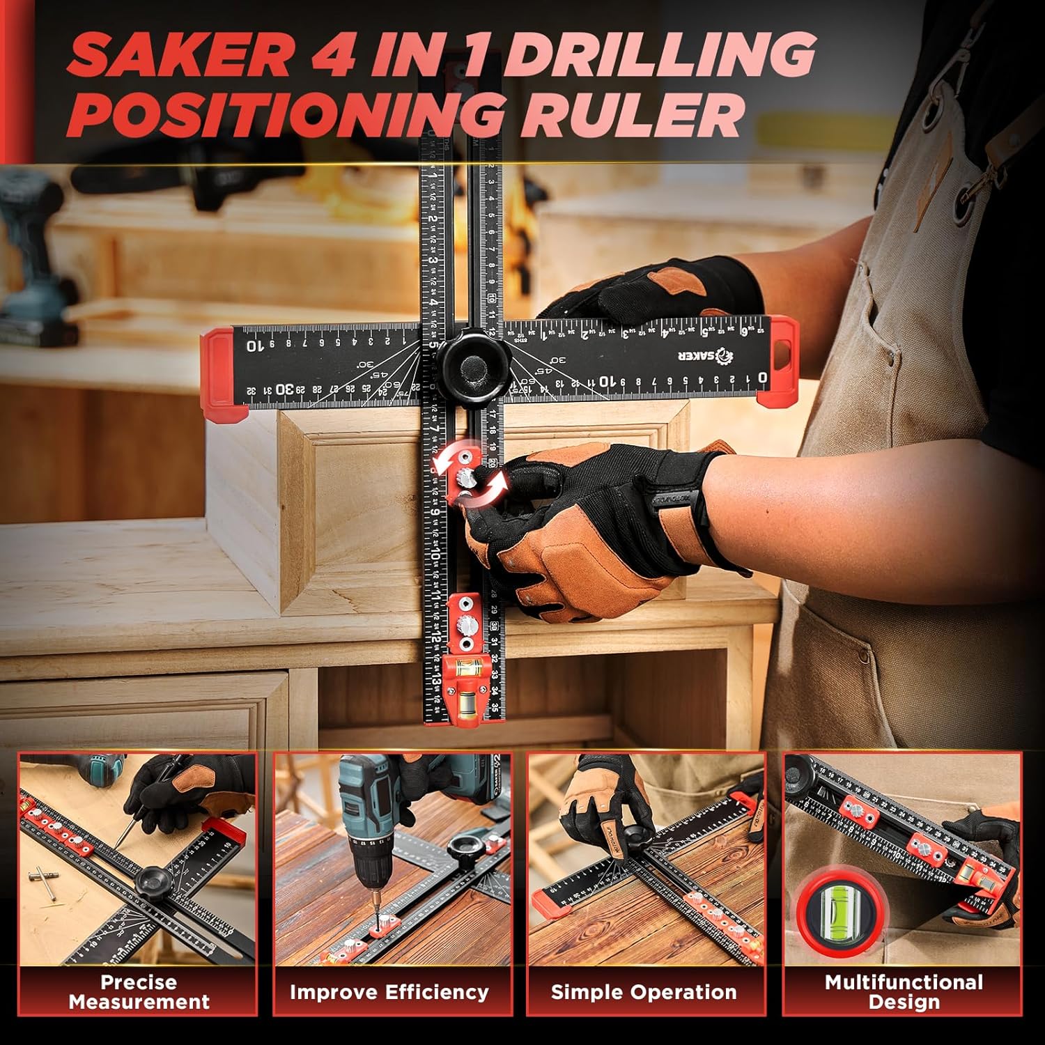 Saker 4-in-1 Drilling Positioning Ruler, Adjustable 13.78in Multifunctional T Square Ruler, Cabinet Hardware Jig, Marking Gauge Tools for Woodworking, Cabinet Drawer Door Hole Drilling Template - Image 9
