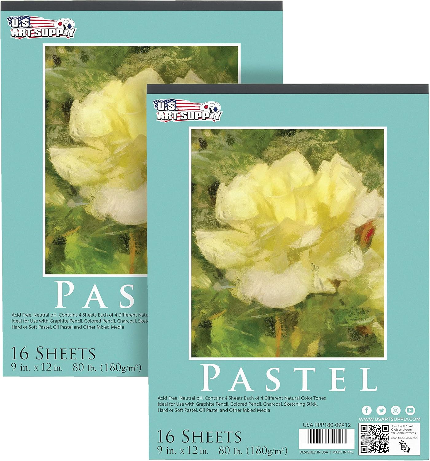 U.S. Art Supply 9" x 12" Pastel Paper Pad: 2 Pack (32 Sheet Total), 80lb (180gsm), 4 Neutral Toned Colors, Textured Hard or Soft Oil Pastel Paper, Drawing Sketchbook Pad, Mixed Media